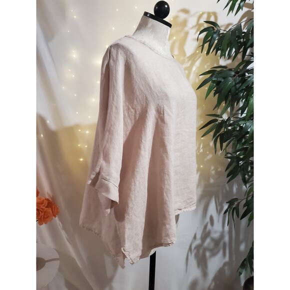 GiGi Moda Italy 100% Linen Dolman Sleeve Poncho Top OS Natural Flax Lagenlook - Picture 2 of 8